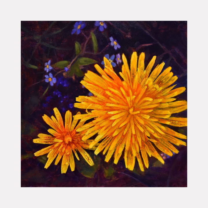 The artwork 'Dandelion' by Elody Gyekis features vibrant golden-yellow dandelion blooms with intricate layered petals against a deep purple background. Small blue forget-me-not flowers and green leaves add contrast. Oil painting on panel captures the delicate texture and radiant glow of the dandelion flowers in stunning detail.