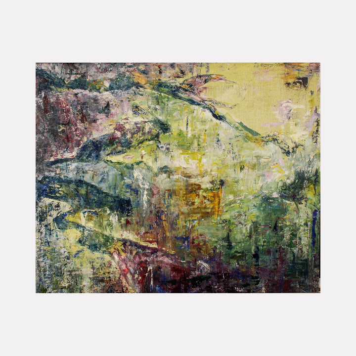 The artwork 'Lichen IV' by Jacqueline Ferrante features an abstract landscape with textured layers of green, yellow, and burgundy. The composition evokes a mossy forest floor with deep shadows and dappled light. Rich impasto technique creates dimensional surfaces, while mixed media elements add organic texture reminiscent of natural lichen formations.