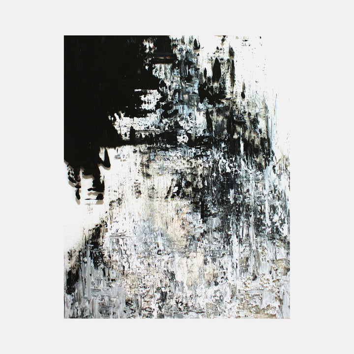 The artwork 'Haze I' by Jacqueline Ferrante features abstract expressionist strokes in monochromatic tones, with dramatic black paint drips cascading down a textured white background. The acrylic on Dura-Lar piece creates a dynamic interplay of light and shadow, suggesting atmospheric depth through layered brushwork and gestural marks.