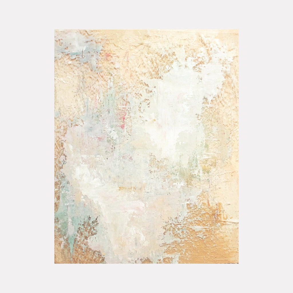The artwork 'Haze III' by Jacqueline Ferrante features ethereal layers of soft peach and pale turquoise acrylic paint on Dura-Lar, creating a dreamy abstract composition with textured edges and subtle color transitions. Delicate brushstrokes blend into misty areas, evoking a gentle atmospheric effect. Created by Jacqueline Ferrante.