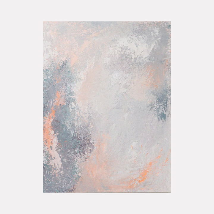 The artwork 'Swipe' by Jacqueline Ferrante features ethereal abstract brushstrokes in soft coral pink and stormy blue-grey tones. The composition showcases a textured, atmospheric effect with dynamic movement, created with acrylic paint on wood panel. Gentle color transitions and misty overlays create a dreamy, contemporary aesthetic.