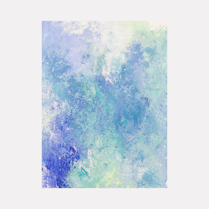 The artwork 'Exterior Boundaries II' by Jacqueline Ferrante features ethereal blends of cool blues and mint greens in an abstract composition. Textured brushstrokes create a dreamy atmospheric effect, reminiscent of underwater scenes or cloudy skies. The acrylic paint on wood panel showcases varying opacities and layered techniques, creating depth and movement.