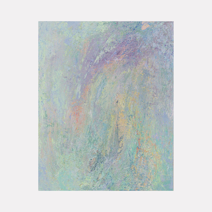 The artwork 'Swirl' by Jacqueline Ferrante features ethereal pastel swirls in mint green, lavender, and pale blue tones. Abstract acrylic brushstrokes create a dreamy, atmospheric effect on wood panel, with subtle coral and yellow accents blending seamlessly into the composition, measuring 20x16 inches. Artwork by Jacqueline Ferrante.