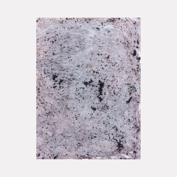 The artwork 'Gelsi I' by Jacqueline Ferrante features a textured abstract composition created with mulberries on canvas paper. The piece showcases a delicate blend of silvery-gray tones with scattered dark speckles, creating a weathered, organic appearance. The 12x16 inch canvas displays a dynamic pattern of natural pigment marks and subtle variations in texture, reminiscent of a weathered surface or organic decay.
