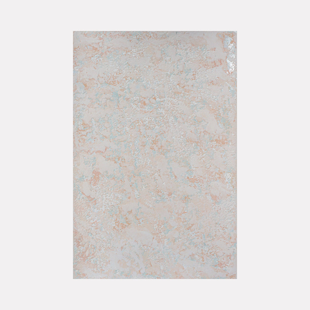 The artwork 'Muro I' by Jacqueline Ferrante features a textured abstract composition with marbled effects in soft gray, pale blue, and delicate coral tones. The surface showcases a unique blend of powdered gesso and iridescent pigments, creating a ethereal, cloud-like pattern that resembles weathered stone or mineral formations.
