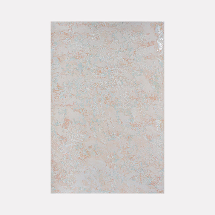 The artwork 'Muro I' by Jacqueline Ferrante features a textured abstract composition with marbled effects in soft gray, pale blue, and delicate coral tones. The surface showcases a unique blend of powdered gesso and iridescent pigments, creating a ethereal, cloud-like pattern that resembles weathered stone or mineral formations.