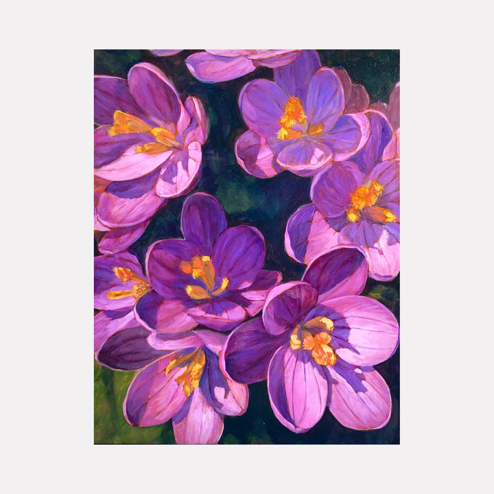 The artwork 'Crocuses' by Elody Gyekis features vibrant purple and pink spring flowers with golden centers against a deep emerald background. The oil painting captures the delicate petals in rich detail, showcasing the blooms in close-up composition with masterful light and shadow play. 12x12 inches oil on panel by Elody Gyekis.