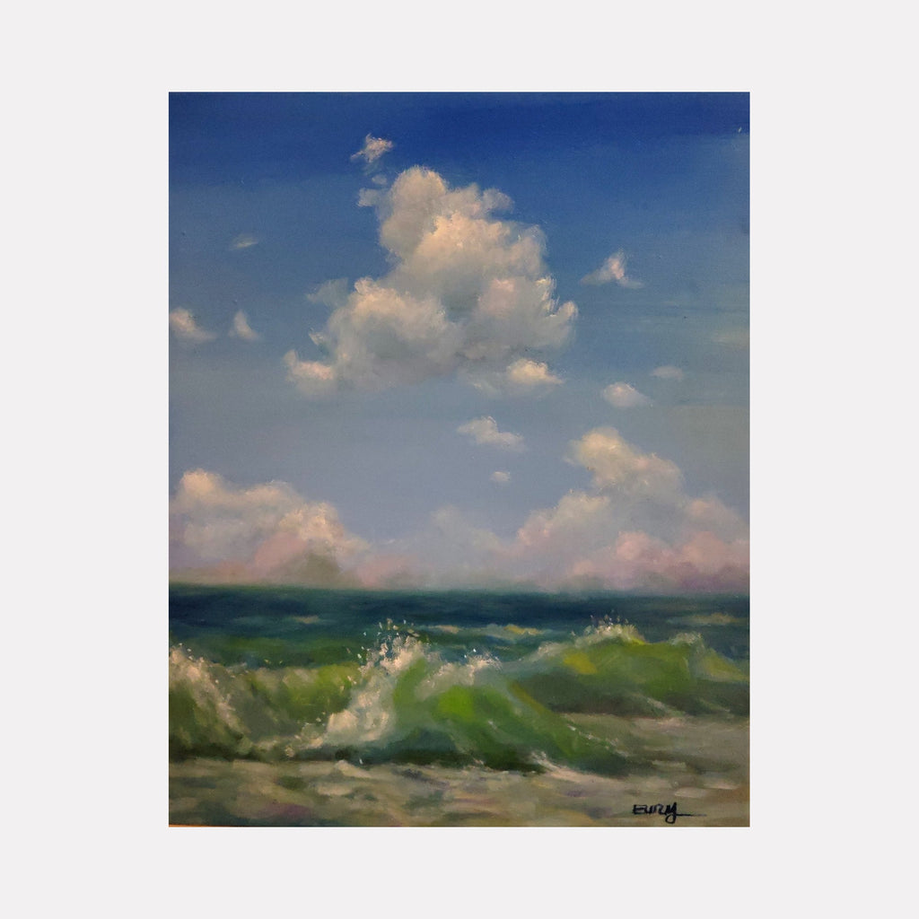 The artwork 'My Stress Reliever Place' features dynamic emerald-green ocean waves crashing with white foam against a serene backdrop of billowing cumulus clouds in a azure blue sky. Oil painting captures the movement and texture of turbulent seawater beneath peaceful pink-tinged clouds at sunset. By Eun Young Yun.