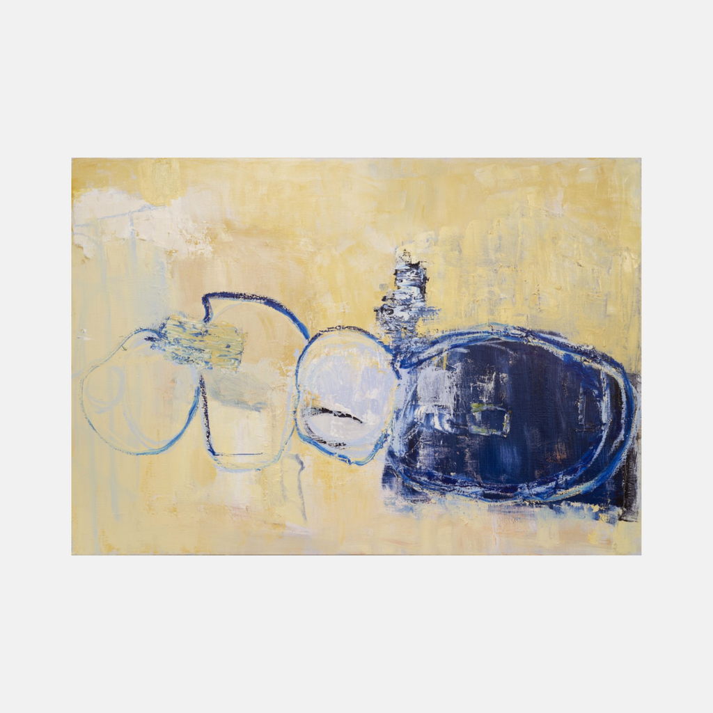 The artwork 'Cave Memory #1' features abstract circular forms in pale white and deep navy blue against a warm yellow background. Textured brushstrokes create a sense of movement, with loose gestural marks flowing horizontally across the oil on linen canvas. The composition suggests organic cave-like shapes merging into one another. By Petra Nimtz.
