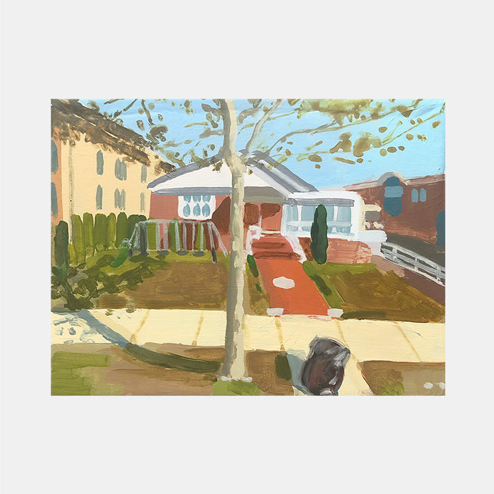 An original figurative acrylic painting of a house, tree, and house by Michelle Selwa, an artist who has exhibited in New York, titled 256 Beaumont Street, October 2007
