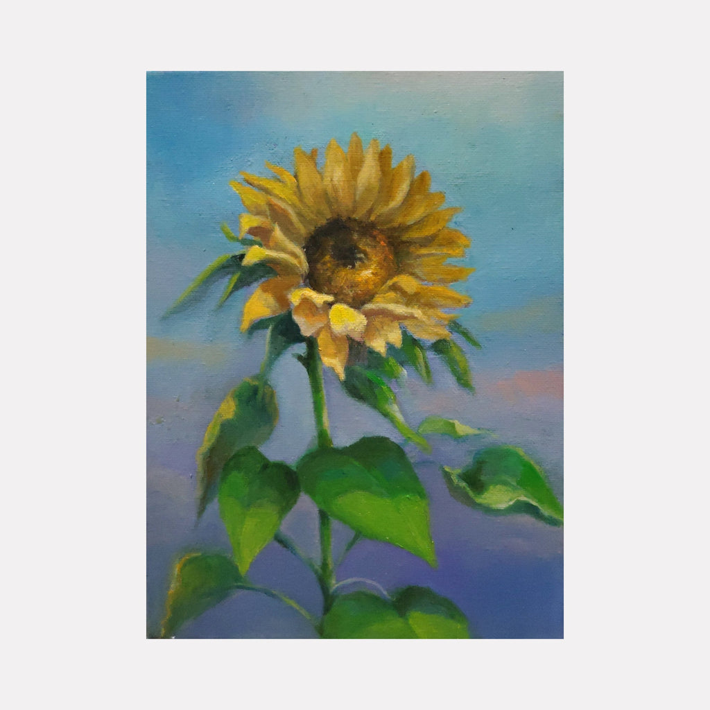 The artwork 'Solo of Sunflower' by Eun Young Yun features a vibrant yellow sunflower bloom against a soft blue sky background. The oil painting captures the flower's detailed golden petals, rich brown center, and emerald green leaves and stem. The realistic botanical style emphasizes light and shadow on a 12x9 inch canvas, creating a serene natural composition. By Eun Young Yun.