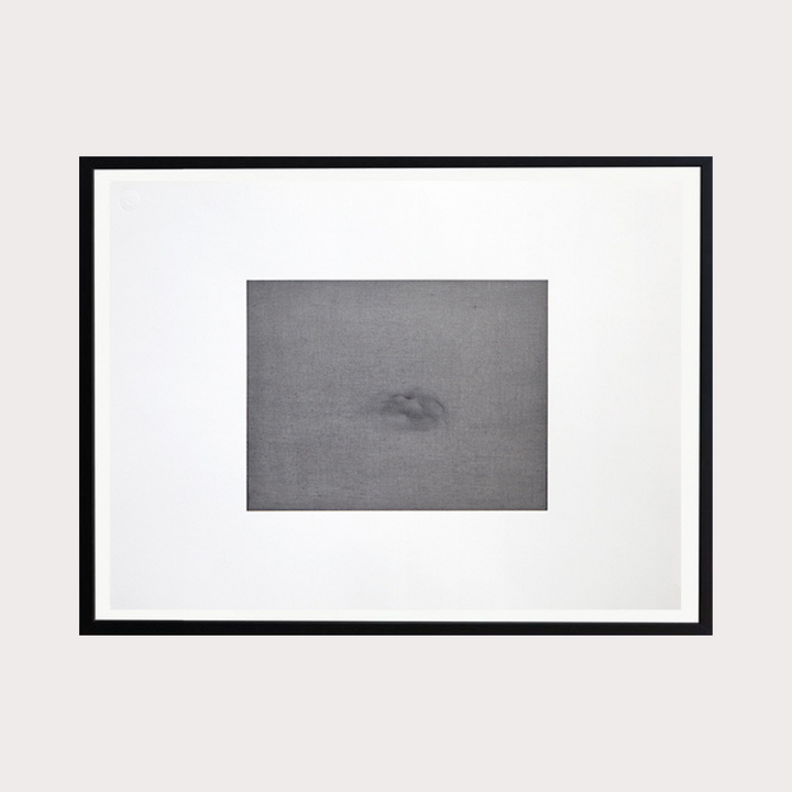 The artwork 'COSTA RICA CLAY #10' by Barbara Groh features a minimalist composition with a subtle grey form emerging from a misty background, rendered in oil and turp on Strathmore paper. The central form appears soft and ethereal, creating a contemplative abstract landscape effect within a stark black frame and white matting.