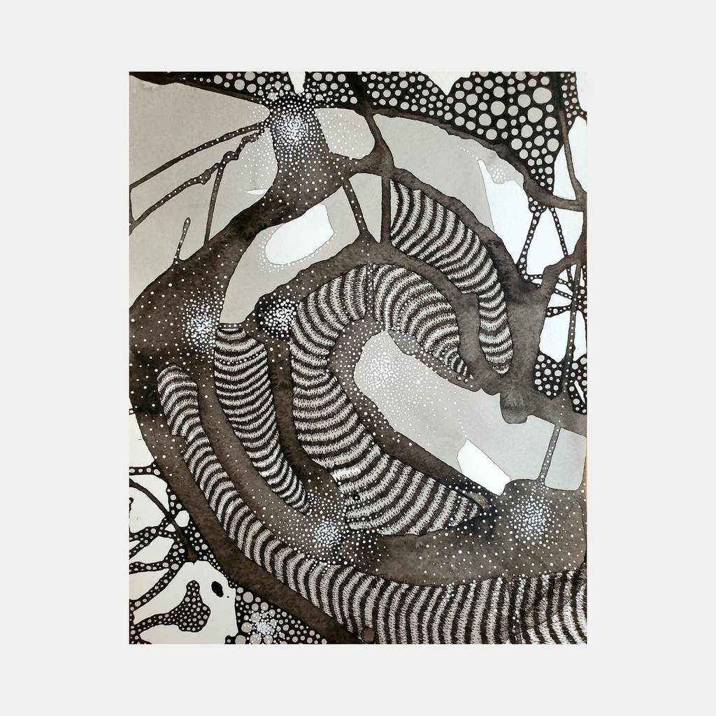 The artwork 'The Spheres Really Have Their Music #47' by Katie Niewodowski features intricate black and white abstract patterns with striped curved forms resembling musical waves. Dotted textures and flowing lines create a mesmerizing composition in ink and acrylic, combining organic shapes with precise pointillism techniques on paper. By Katie Niewodowski.