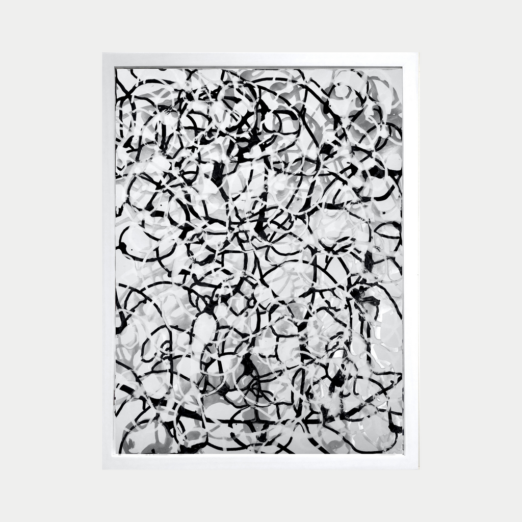 The artwork 'Gestural Pouring #1' by Eric Jiaju Lee features dynamic black brushstrokes creating an intricate web of abstract lines and curves against a white background. The acrylic painting showcases spontaneous movement with overlapping circular patterns and fluid gestures, framed in a minimalist style. The monochromatic composition emphasizes the organic flow and energy of the artistic expression.