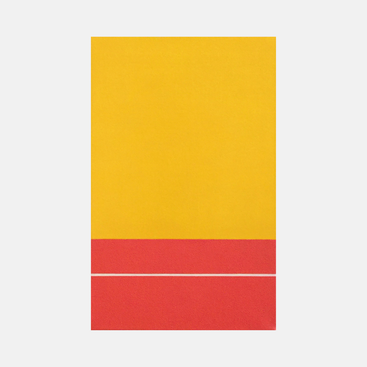 The artwork 'Rapport I' by Shyun Song features a minimalist color block composition with a vibrant golden yellow occupying the upper two-thirds, separated by thin white lines from a bold red section at the bottom. Oil on canvas painting showcasing clean geometric forms and striking color contrast.