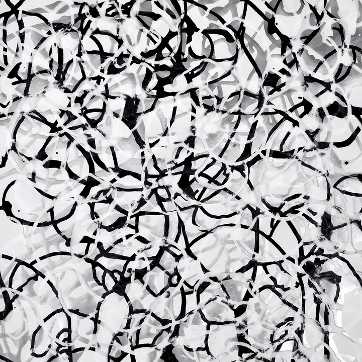 The artwork 'Gestural Pouring #1' by Eric Jiaju Lee features dynamic black brushstrokes swirling across a white background, creating an abstract expressionist composition of interwoven circular patterns. The acrylic painting on Bristol paper showcases spontaneous movement and calligraphic-inspired marks, evoking a sense of fluid motion and rhythmic energy.