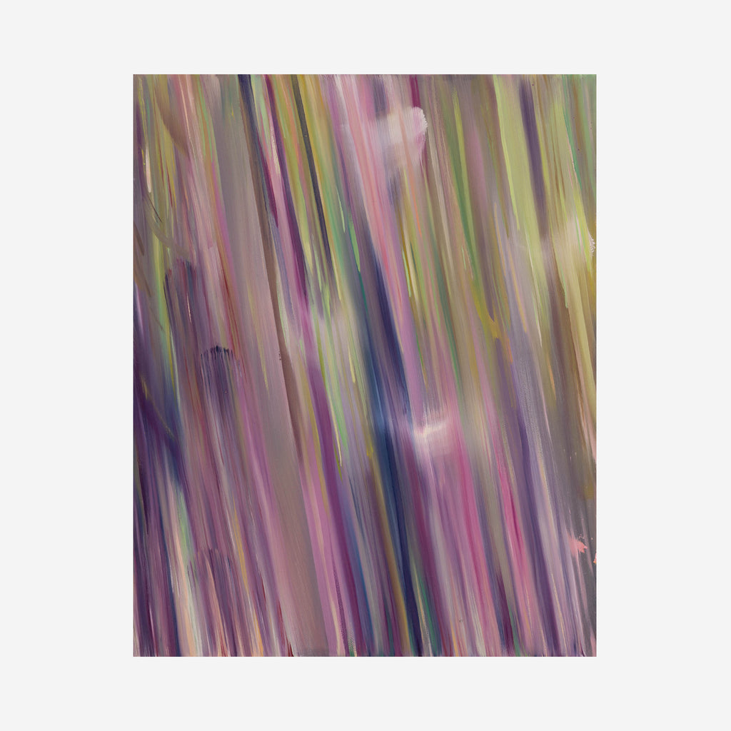 The artwork 'Surface Tension I' features vertical brushstrokes in a mesmerizing blend of purple, pink, green, and gold hues, creating an abstract motion effect reminiscent of falling rain or flowing water. The oil painting's textured surface captures light and shadow through translucent layers of paint by Ketta Ioannidou.