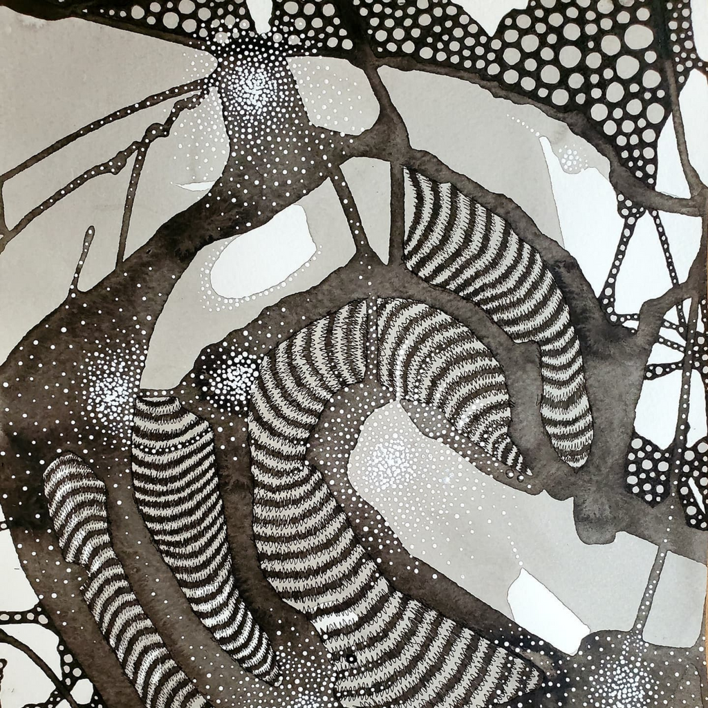 The artwork 'The Spheres Really Have Their Music #47' features intricate black and white patterns combining striped curved forms with delicate dotwork. Abstract organic shapes flow across the paper, created with ink and acrylic, showcasing a mesmerizing contrast between smooth striped segments and textured pointillism techniques. By Katie Niewodowski.