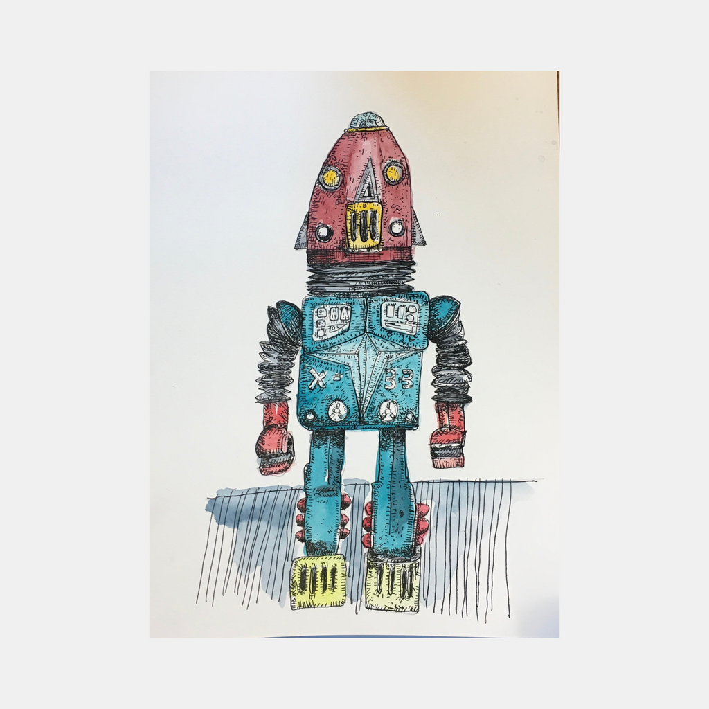 Robot X-33 by Andrew Chan features a whimsical watercolor and ink illustration of a retro-style robot with a pink dome head, turquoise metallic body, and mechanical joints. The artwork showcases detailed line work, revealing control panels, buttons, and industrial elements in a vintage sci-fi aesthetic. Yellow accents on feet and chest add playful contrast.