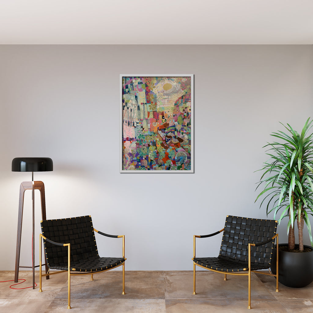 The artwork 'Covid Landscape' by Alise Loebelsohn features an abstract composition with vibrant splashes of pink, blue, and orange hues. A dynamic arrangement of geometric shapes and free-flowing forms creates a chaotic yet harmonious cityscape. The oil paint and resin on canvas technique adds depth and glossy texture, measuring 48x36 inches. The piece reflects urban energy through layered elements and expressive brushwork. By Alise Loebelsohn.