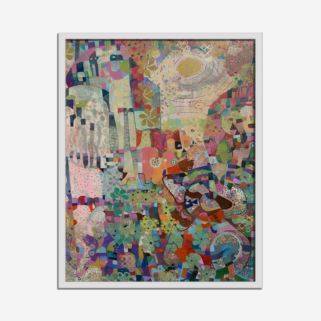 Covid Landscape by Alise Loebelsohn features an abstract mosaic-like composition with interlocking geometric shapes in pastel and vibrant hues. The oil painting combines soft pinks, greens, blues, and oranges with resin finish, creating a dynamic patchwork pattern that swirls across the canvas. Ethereal forms suggest a dreamlike interpretation of pandemic-era scenery.