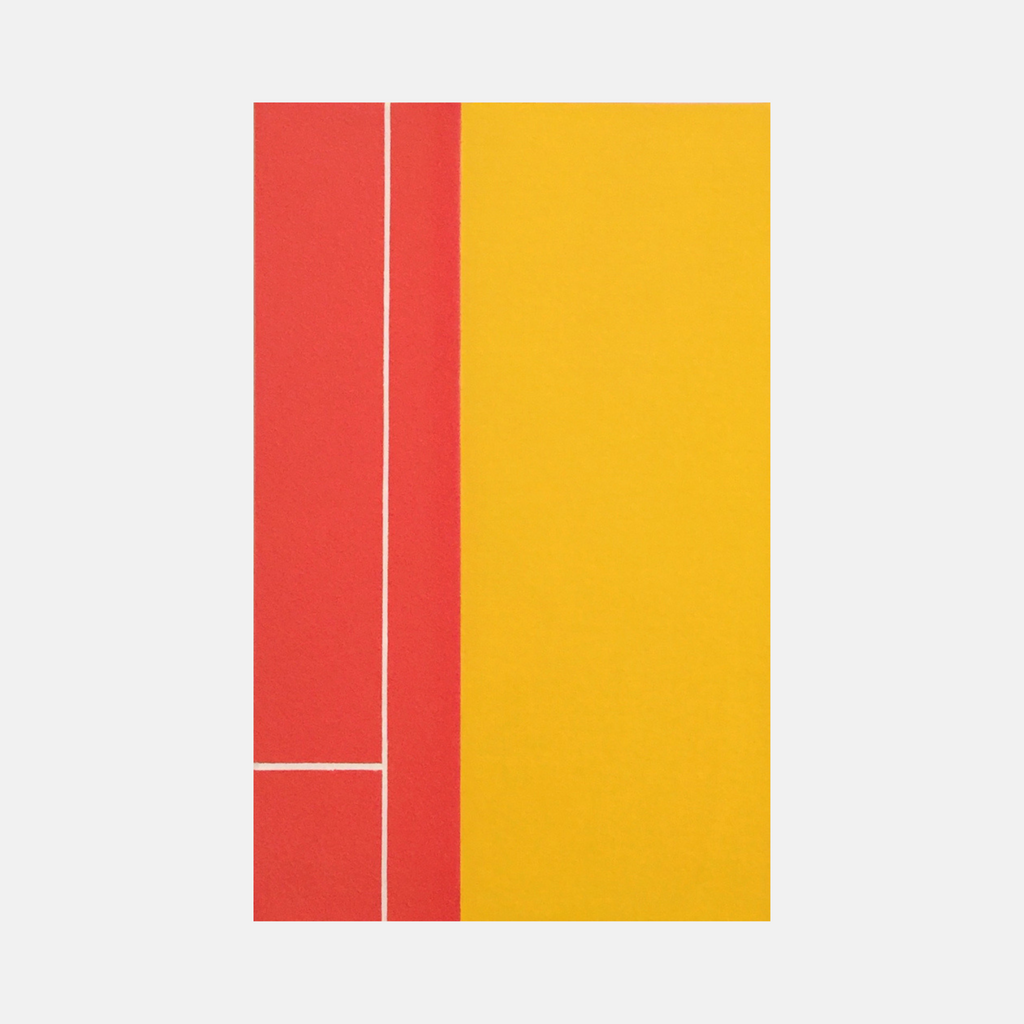 The artwork 'Rapport II' by Shyun Song features a minimalist geometric composition with bold color blocking. A vibrant coral red section occupies the left third, divided by a thin white line, while a rich golden yellow fills the remaining space. The oil on canvas piece showcases sharp, clean lines and a striking contrast between warm tones.