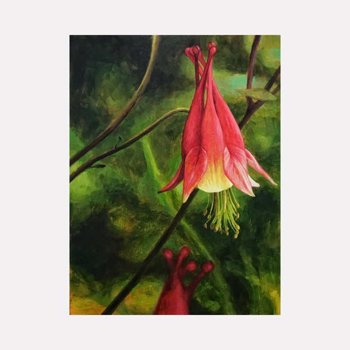The artwork 'Columbine' by Elody Gyekis features a vibrant red wild columbine flower against a dark green forest background. The delicate bell-shaped bloom hangs gracefully from a thin stem, showcasing detailed yellow stamens and characteristic spurred petals. Oil painting technique captures the flower's translucent glow and natural movement.