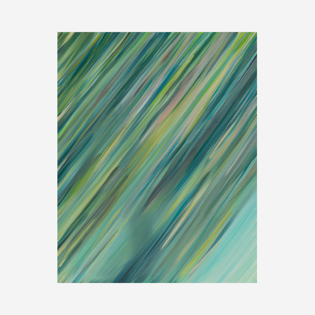 The artwork 'Surface Tension II' features dynamic diagonal brushstrokes in a harmonious blend of teal, mint green, and sage hues. The oil painting creates a sense of fluid movement through parallel lines, suggesting flowing water or wind patterns. The abstract composition achieves depth through layered translucent strokes against a luminous aqua background. By Ketta Ioannidou