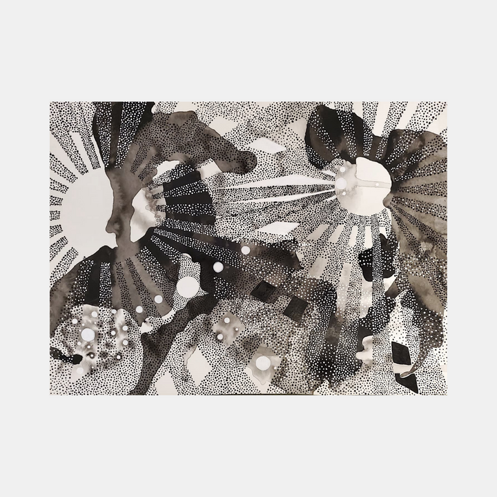 The artwork 'The Spheres Really Have Their Music #48' by Katie Niewodowski features abstract radiating spheres in black and white ink, creating a cosmic landscape. Dotted textures and flowing lines create dynamic movement, while contrasting light and dark elements suggest celestial bodies in motion. The monochromatic composition combines fluid acrylic and detailed stippling techniques.