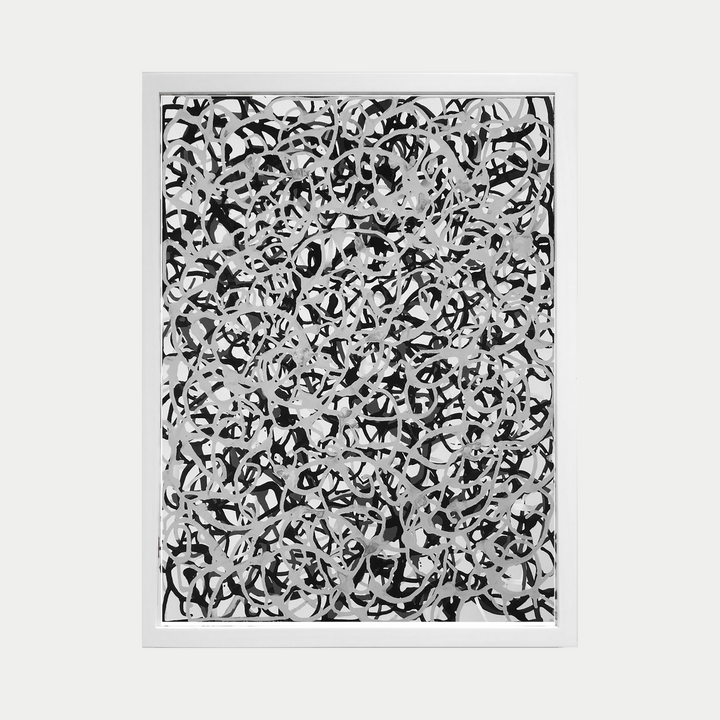 The artwork 'Gestural Pouring #2' by Eric Jiaju Lee features dynamic black and white abstract patterns, with fluid, interconnected brushstrokes creating an intricate maze-like composition. The acrylic on Bristol showcases spontaneous movement and organic flowing forms, reminiscent of calligraphic gestures, framed in a minimalist style. By Eric Jiaju Lee.