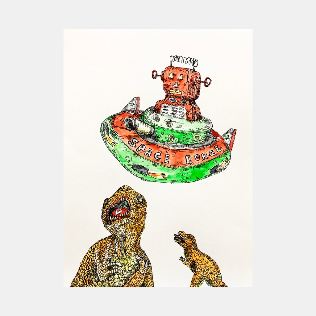 Space Robot V Dinosaurs rd 2 (orange) by Andrew Chan features a whimsical ink and watercolor illustration of an orange retro-style robot in a green and orange flying saucer labeled 'Space Force' hovering above two detailed dinosaurs rendered in golden-brown tones. The artwork combines sci-fi and prehistoric elements in a playful composition.