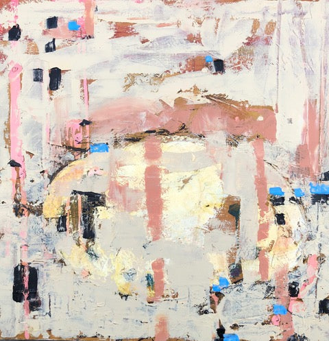The artwork 'Egg' by Shira Toren features an abstract expressionist composition in oil, displaying a central oval form amid layers of pink, white, and blue hues. Textured brushstrokes create a dynamic interplay of light and shadow, with scattered black accents and subtle golden undertones. The 24x24 inch canvas showcases a modern, atmospheric interpretation of form and space.