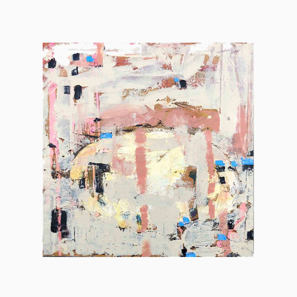 The artwork 'Egg' by Shira Toren features an abstract composition with layered brushstrokes in soft pink, cream, and pale gray tones, accented with touches of bright blue and black. The oil painting's textured surface creates a dynamic interplay of light and shadow, with gestural marks suggesting organic forms against a muted background, measuring 24 x 24 inches.