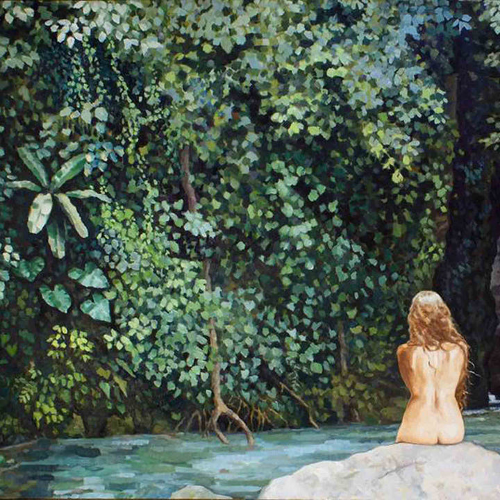 The artwork 'Endure ~ I breathe the song of your voice' by Elody Gyekis depicts a serene forest scene with a figure seated on a granite boulder beside turquoise waters. Lush tropical foliage in deep greens and teals creates a dense canopy, with delicate leaves and hanging vines. A large palm frond extends from the left corner. Oil painting techniques capture dappled light through leaves and reflections on the water.