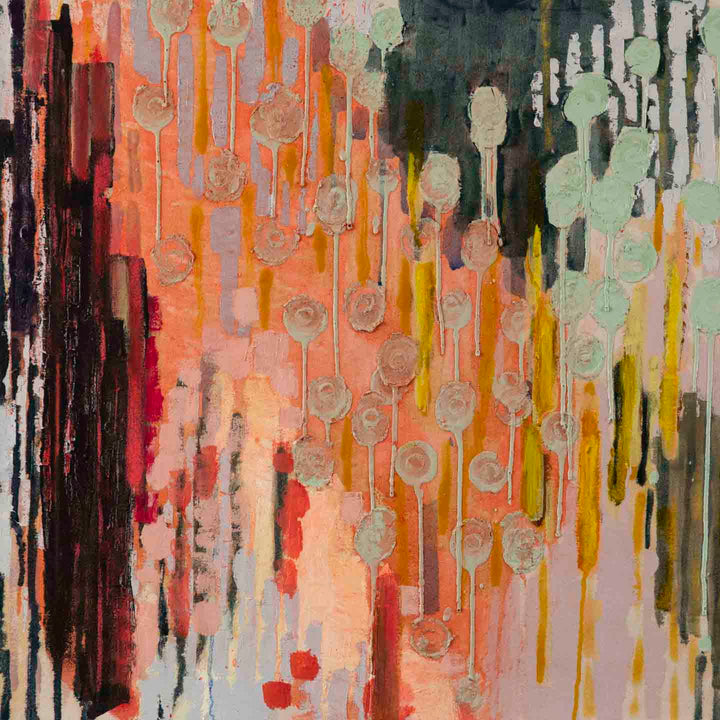 The artwork 'Florine's Curtain' features a vibrant abstract composition with cascading circular forms resembling raindrops or beads against a gradient background of coral pink, orange, and deep forest green. The encaustic technique creates textural depth, with vertical drips and streaks flowing throughout the canvas. By Molly Herman.