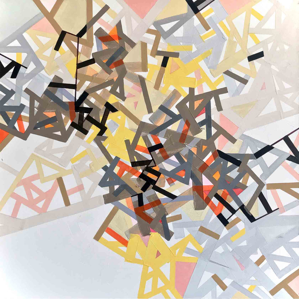 The artwork 'Nabhhann rectangle' by Philippe Halaburda features an abstract geometric composition with intersecting angular shapes in yellow, gray, black, and coral pink tones. Dynamic lines and fragments create a scattered pattern against a white background, executed in acrylic and felt tip markers on canvas, showcasing a modern minimalist aesthetic.