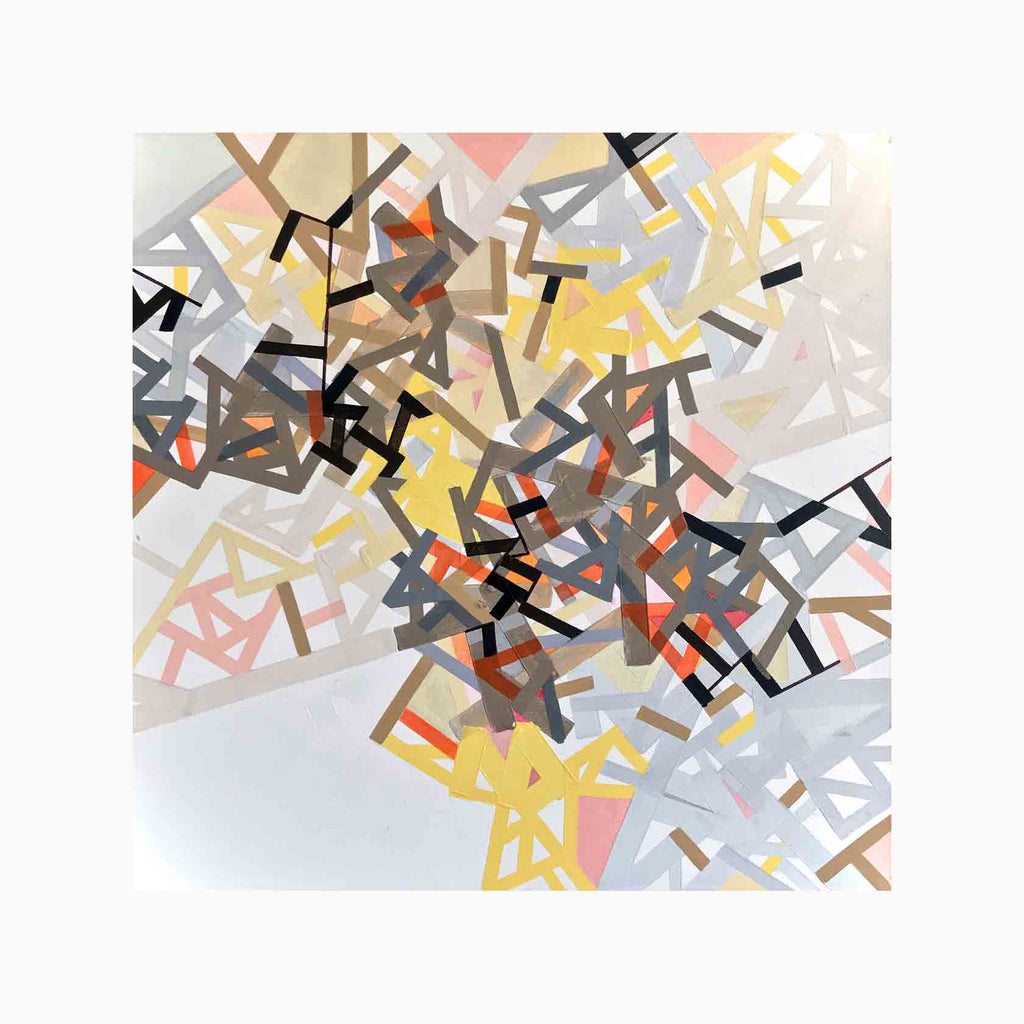 The artwork 'Nabhhann rectangle' by Philippe Halaburda features an abstract composition of scattered geometric shapes in black, orange, yellow, and gray tones. Angular lines and fragments create a dynamic pattern against a light background, resembling a deconstructed mosaic with overlapping elements in acrylic and felt tip on canvas by Philippe Halaburda.