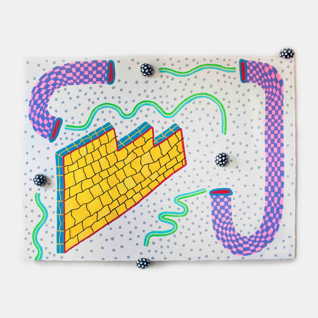 The artwork 'Flowin' through Tubes in an Infinite Loop' by Ryan Patrick Martin features vibrant checkered tubes in purple and blue, curving around a geometric yellow brick wall structure. Neon green wavy lines connect the tubes, while black and white polka-dotted spheres float against a dotted white background. Created with acrylic, enamel, and epoxy clay on canvas.
