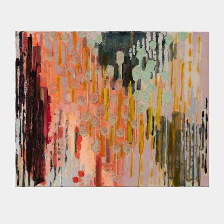 The artwork 'Florine's Curtain' by Molly Herman features vertical dripping patterns in coral pink, deep forest green, and golden yellow. Textured brushstrokes create a cascading effect, with encaustic wax adding dimensional depth. Abstract lines flow downward like melting watercolors, blending organically across the canvas in a contemporary expressionist style.