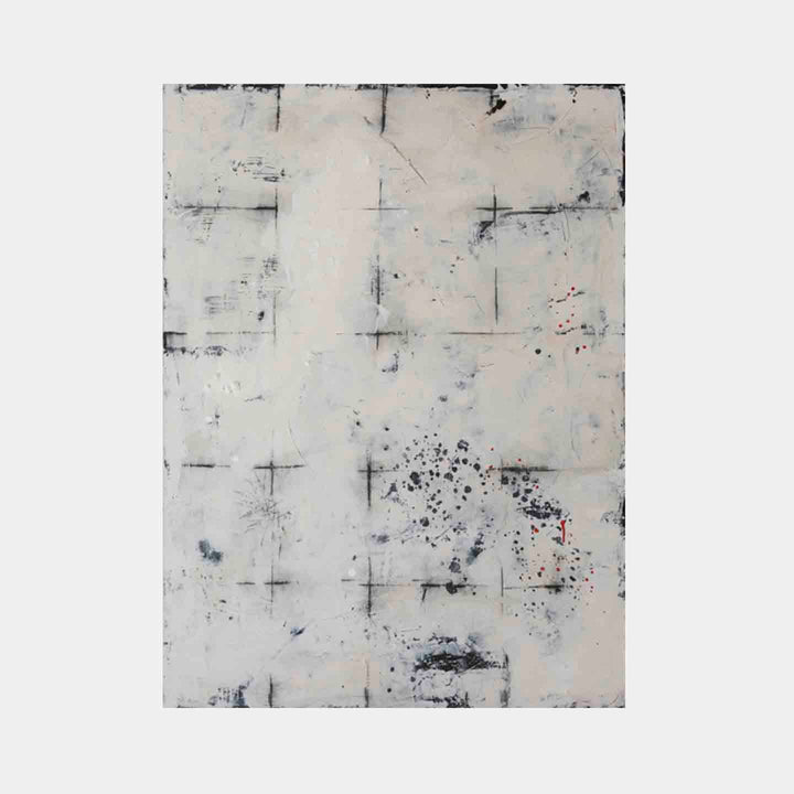The artwork 'In Grid 1' by Shira Toren features a minimalist abstract composition on a pale, off-white background. Black crosses and marks create a geometric grid pattern, with scattered dark speckles and subtle textural elements. The piece exhibits a distressed, weathered appearance with delicate color variations and ethereal brushwork, measuring 40 by 30 inches.