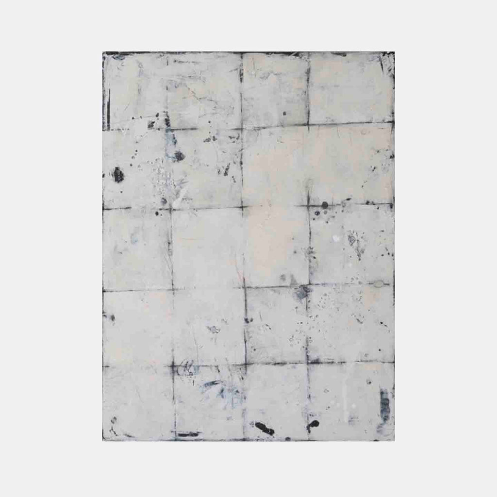 The artwork 'In Grid 2' by Shira Toren features a minimalist abstract composition with a grid pattern on a white background. Subtle gray and charcoal lines create a geometric structure, while weathered textures and distressed marks add depth and character. This 40x30 inch print combines contemporary design with industrial aesthetic elements.