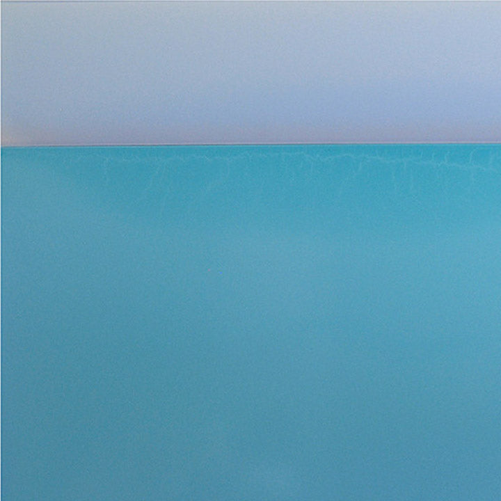 The artwork 'Sea/Wall No.2' by Susan English features a minimalist composition divided horizontally, with a soft lavender-grey sky meeting a vibrant turquoise expanse below. The tinted polymer on aluminum creates a smooth, reflective surface that captures the serene essence of where sky meets water, rendered in a contemporary abstract style.
