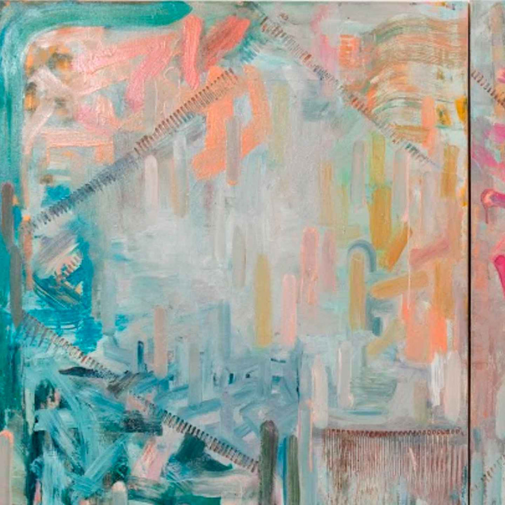 The artwork 'Sylvia's Saga' features an abstract composition with dynamic brushstrokes in turquoise, coral pink, and misty gray tones. Vertical and diagonal elements create movement across the canvas, while textured brushwork and dripping effects add depth. The oil painting combines soft pastel hues with bold aqua accents in a contemporary expressionist style. By Molly Herman.