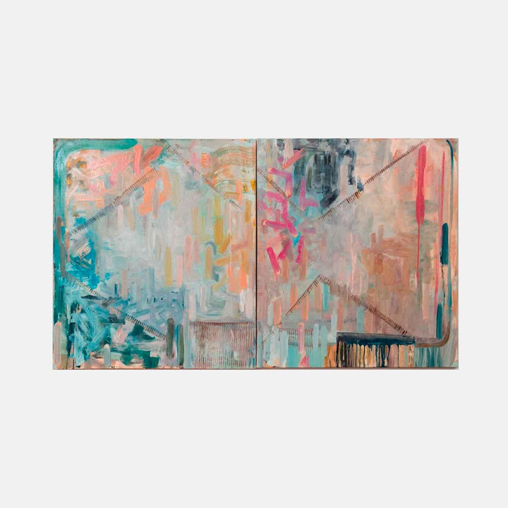 The artwork 'Sylvia's Saga' by Molly Herman features an abstract expressionist composition in oil, showcasing dynamic brushstrokes in turquoise, coral, and neutral tones. The large-scale diptych displays a ethereal blend of gestural marks and dripping effects, creating a sense of movement across two panels with contemporary urban-inspired aesthetic at 50 x 88 inches.