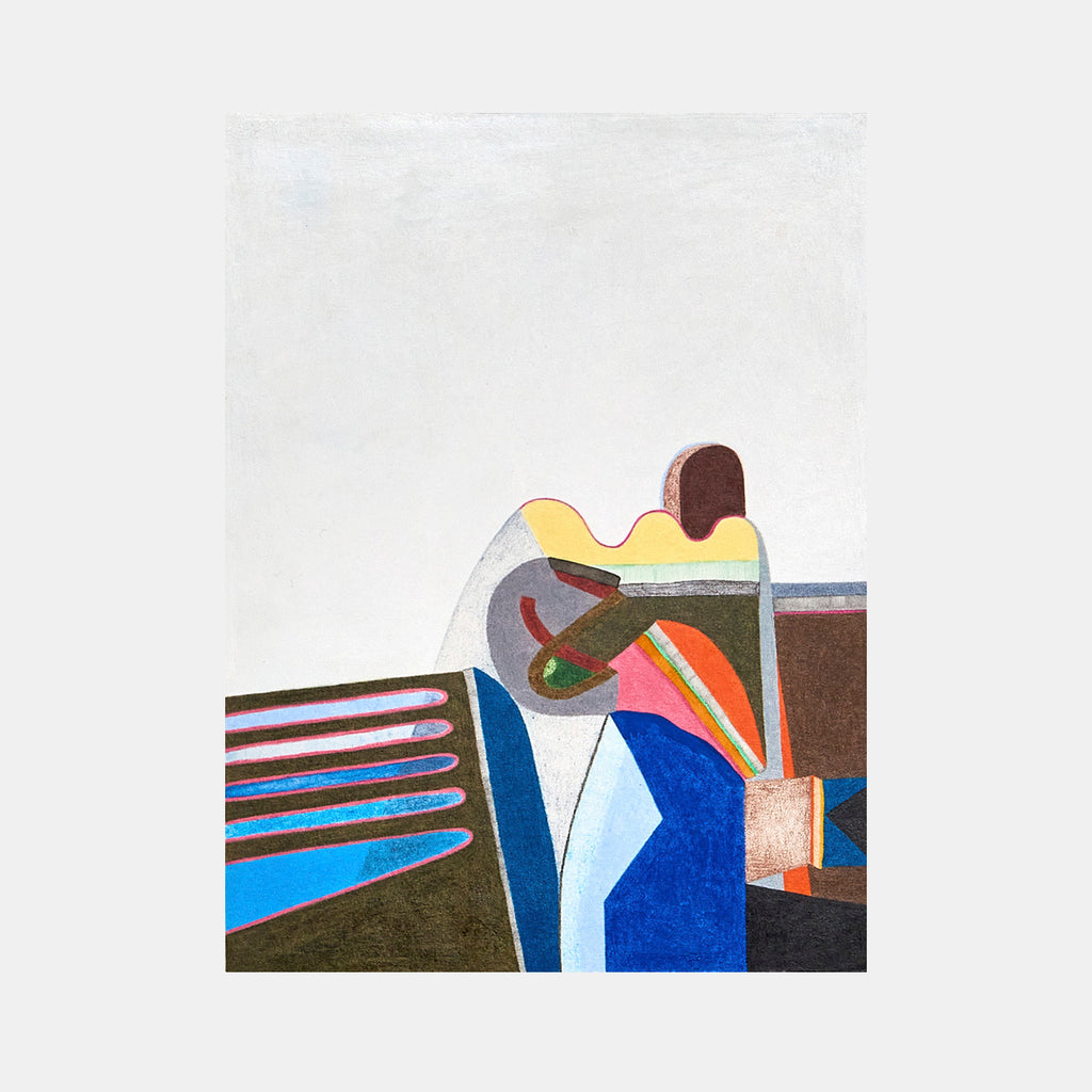 The artwork 'Father, help me' by Sasha Hallock features abstract geometric shapes in vibrant colors including deep blues, bright yellows, and warm browns. A minimalist figure appears in a contemplative pose against a light background. Mixed media techniques create distinct textural elements on paper mounted on wood, combining angular and curved forms in a modernist composition.