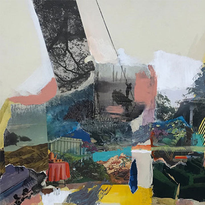 The artwork 'Collected Memories #2' by Sinejan Kılıç Buchina features an abstract mixed media composition with dynamic collage elements. Bold strokes of coral pink, deep teal, and yellow contrast against white and grey tones. Layered landscape fragments merge with geometric shapes, creating a dreamlike scene. The textured surface showcases various mediums including oil, pastel, and acrylic on board.