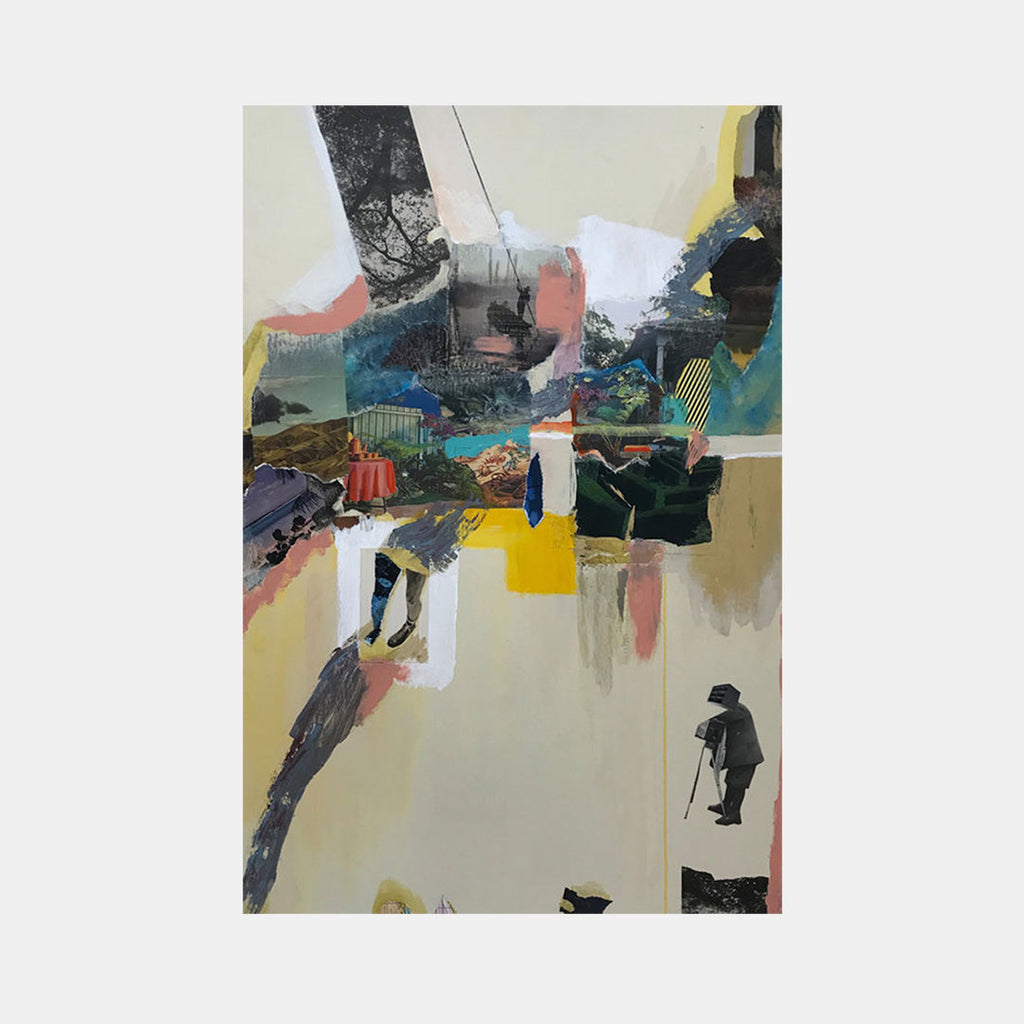 The artwork 'Collected Memories #2' by Sinejan Kılıç Buchina features an abstract mixed media composition with collaged elements, bold geometric shapes, and a distinctive silhouette figure. Dynamic brushstrokes in coral, yellow, and teal contrast against a cream background, creating a striking visual narrative through layered textures and varied artistic techniques.