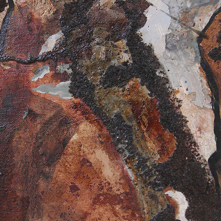 The artwork 'KÜF #10' by Sinejan Kılıç Buchina features abstract mixed media composition on canvas with rich textural elements. Deep rust-colored patches blend with black volcanic-like formations, highlighted by silvery-grey accents. The piece showcases organic, flowing patterns reminiscent of natural erosion, with a dramatic interplay of dark and light elements across its 10x10 inch surface.