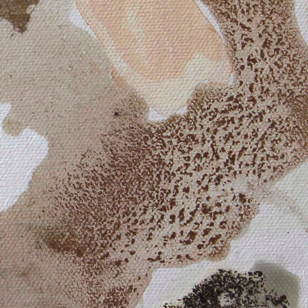 The artwork 'KÜF 5-8' by Sinejan Kılıç Buchina features abstract textural elements in earthy tones, with speckled brown patterns resembling natural erosion or organic decay against a cream canvas. The mixed media technique creates a distinctive grainy texture, with soft peach undertones blending into darker sepia regions.