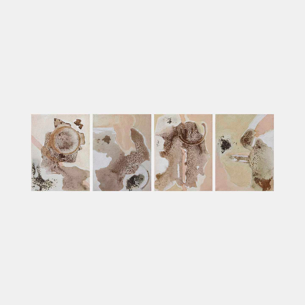 The artwork 'KÜF 5-8' by Sinejan Kılıç Buchina features four connected abstract panels with organic forms in muted earth tones. Each panel displays fluid, coffee-like stains and textural elements in browns, beiges, and subtle pink hues. The mixed media technique creates ethereal, naturally flowing patterns reminiscent of geological formations or microscopic structures.
